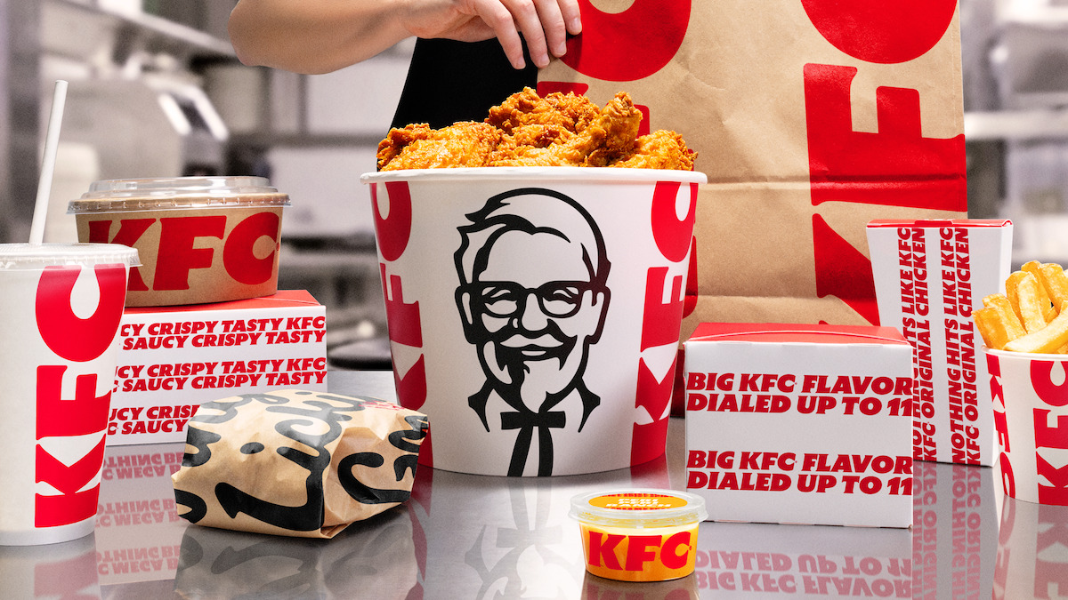 KFC's new Bucketverse packaging system, including the bucket, boxes, and cups