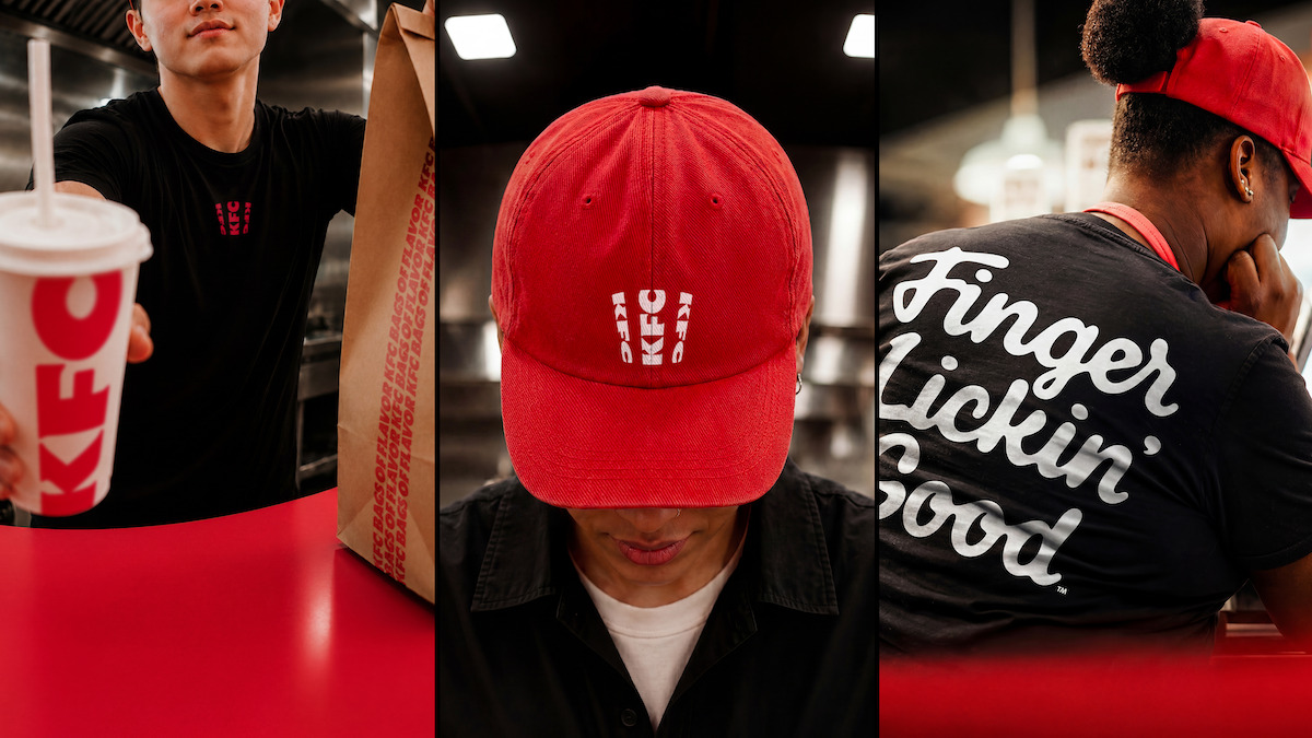 KFC staff and merchandise featuring the new wordmark and Finger Lickin' Good typography