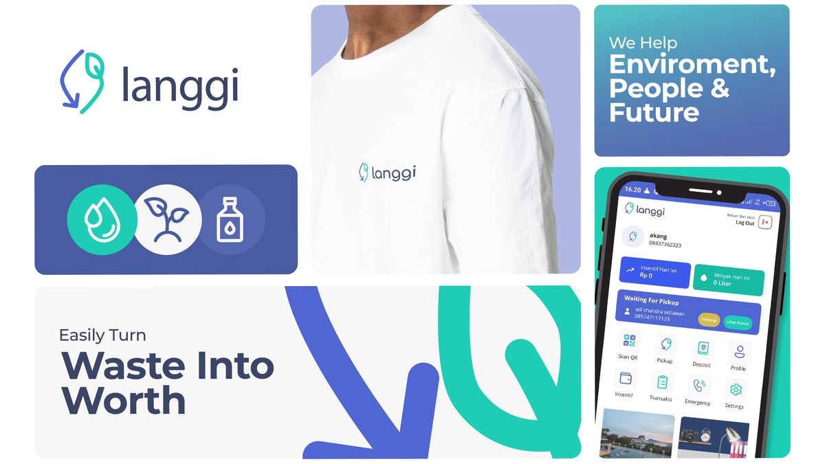 Langgi brand system: logo, app UI, and campaign statements
