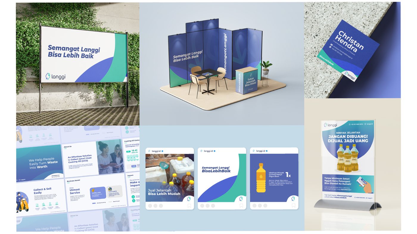 Langgi brand collateral: billboard, event booth, and campaign materials