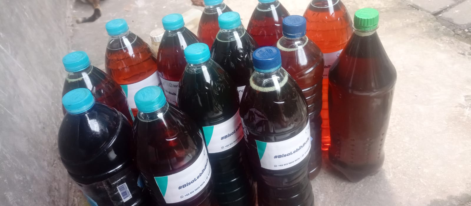 Collected bottles of used cooking oil labeled with Langgi's #BisaLebihBaik campaign