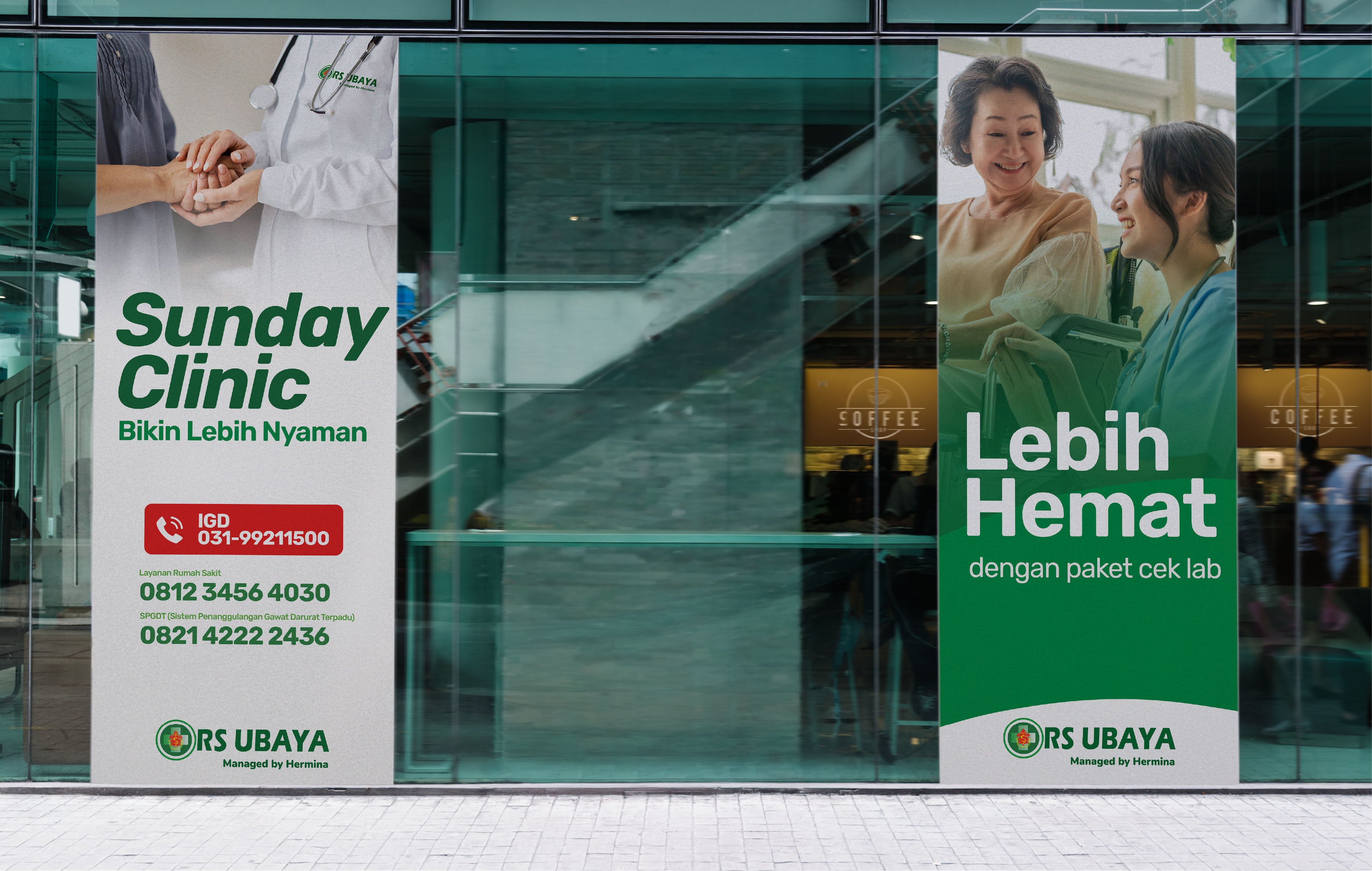 RS Ubaya storefront banners featuring the green visual identity system